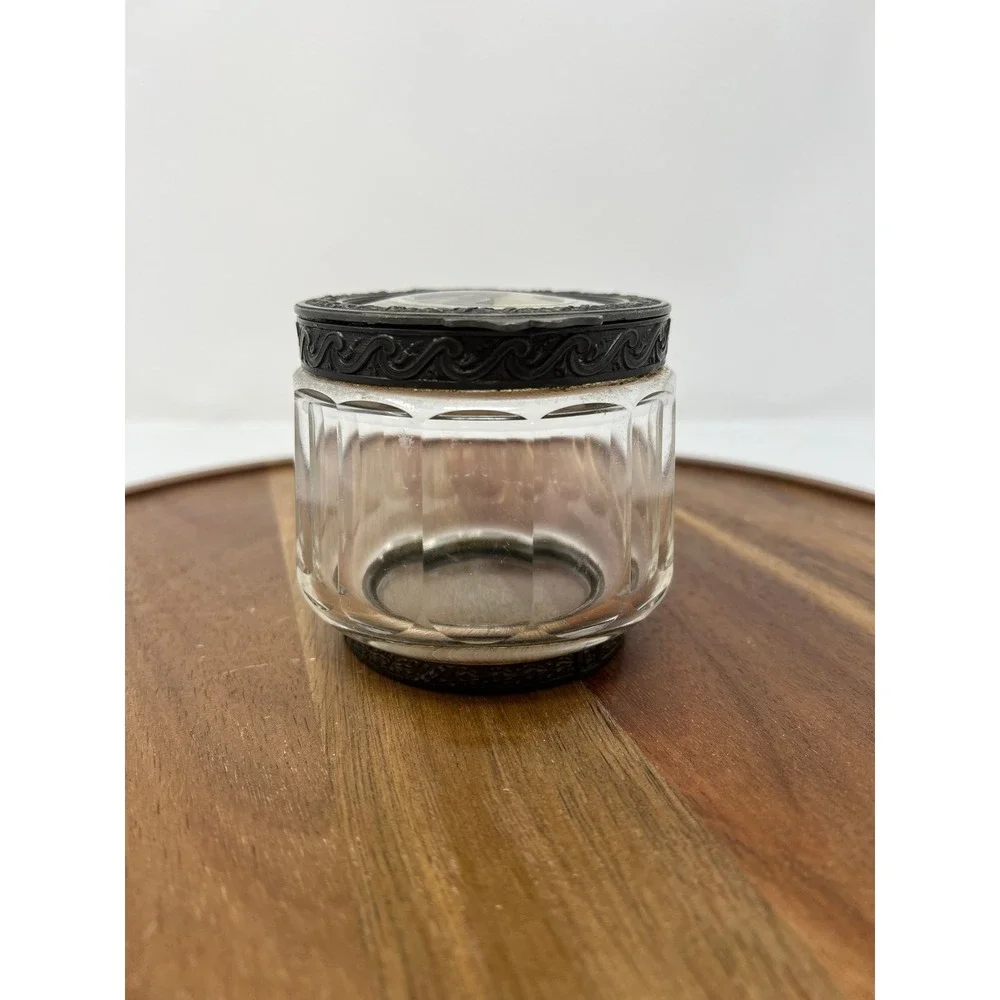 Antique Glass Jar Ornate‎ Metal Lid Portrait Miniature Art Deco Vanity Container